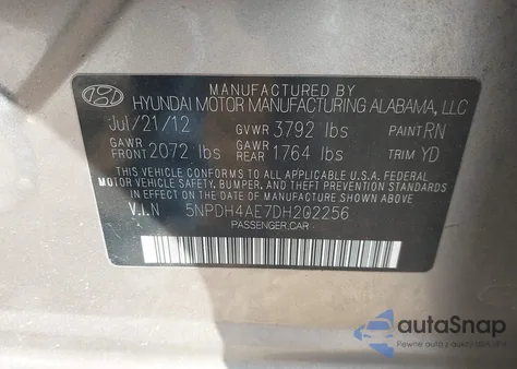 2013 Hyundai Elantra Gls/Limited z USA, uszkodzony, nr VIN 5NPDH4AE7DH202256